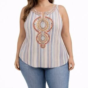 L Love Sz M 100% Cotton Striped Embroidered Neckline Sleeveless A Line Tank EUC